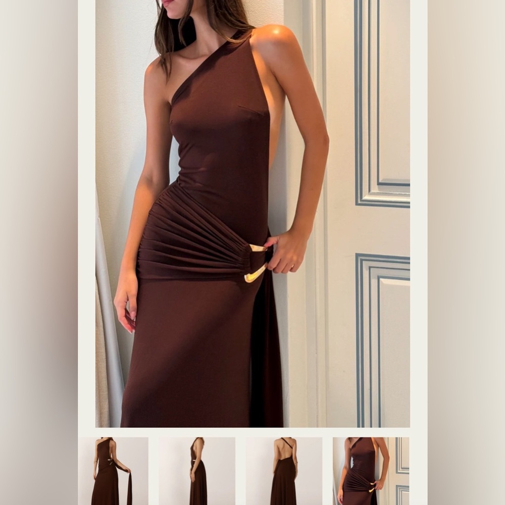 Asymmetrical One-Shoulder Brown Evening Gown with Gold Accent
